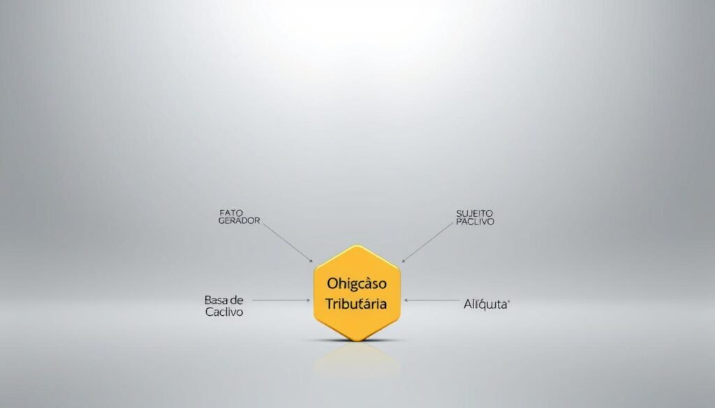 A clean, minimalist diagram showcasing the key elements of Brazilian tax liability. In the foreground, a central golden hexagon representing the "Obrigação Tributária", surrounded by five smaller shapes depicting the specific elements: "Fato Gerador", "Sujeito Ativo", "Sujeito Passivo", "Base de Cálculo", and "Alíquota". In the middle ground, a subtle gradient backdrop suggesting an official government document or legal framework. The lighting is soft and even, creating a sense of clarity and professionalism. The overall composition is balanced and symmetrical, echoing the orderly and structured nature of the tax system.