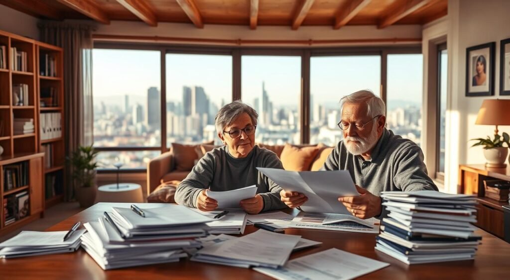 A cozy domestic scene depicting the financial aspects of a partial community property regime. In the foreground, a middle-aged couple sits at a wooden table, surrounded by stacks of paperwork and financial documents. Their expressions convey a mix of thoughtfulness and discussion as they review the legal details of their shared assets. The middle ground features a well-appointed living room, with bookshelves, artwork, and a warm, inviting atmosphere. The background showcases a panoramic view of a city skyline through large windows, suggesting the broader financial and legal context of the regime. The lighting is warm and natural, creating a sense of comfort and deliberation. The overall composition conveys the nuanced balance of shared and individual property within a partial community property regime.