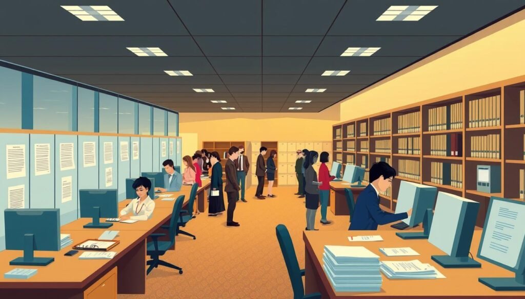 A detailed illustration of the tax collection process, set in a modern government office. In the foreground, several figures sit at desks, carefully processing tax documents and inputting data into computer terminals. The middle ground features a line of citizens waiting patiently to submit their tax forms, creating a sense of order and organization. In the background, rows of filing cabinets and bookshelves line the walls, conveying the systematic nature of the tax collection workflow. Warm, neutral lighting illuminates the scene, creating a professional, efficient atmosphere. The overall composition emphasizes the methodical, step-by-step nature of the tax collection process.