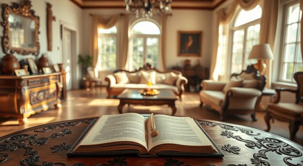A spacious, sunlit room with ornate furniture and decor, reflecting the elegance of a traditional Brazilian household. In the foreground, a wooden table with intricate carvings, upon which sits an open book, a quill, and a golden pendant necklace. The middle ground showcases a plush sofa and armchair, arranged in a conversational setting. The background depicts large windows, allowing natural light to flood the space, casting a warm, inviting glow. The overall atmosphere suggests a sense of history, tradition, and contemplation, mirroring the &quot;Regime de Participação Final nos Aquestos&quot; concept.