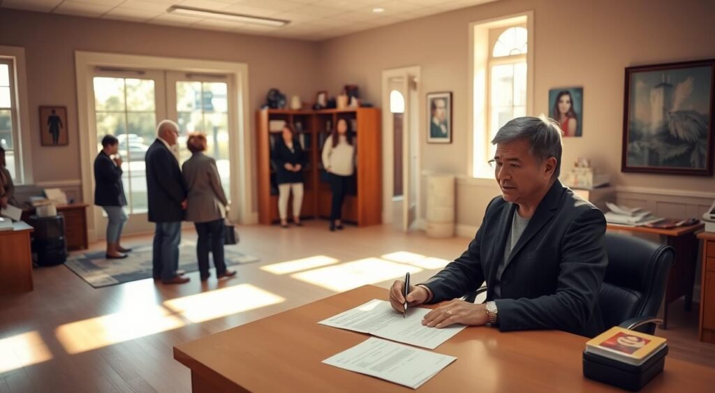 A bright, airy notary office with warm, natural lighting streaming through large windows. In the foreground, a person stands at a desk, reviewing official documents and signing paperwork. Their expression is calm and assured, as they navigate the process of legally changing their name and gender marker. The middle ground features other patrons waiting patiently, representing the diverse community accessing these services. The background depicts the efficient, organized workspace, with neatly arranged shelves and carefully curated artwork on the walls, conveying a sense of professionalism and inclusion. The overall scene reflects the empowering process of identity affirmation and the vital role of public services in supporting this transition.