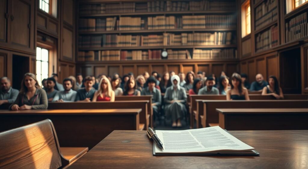 A sun-dappled courtroom, the wooden benches worn with the weight of countless stories. In the foreground, a desk with an open legal document, a pen poised to record the changes that will alter a life's course. The middle ground features citizens from all walks of life, each with their own reasons for seeking a new identity, their faces a tapestry of emotions. In the background, a towering bookshelf, its shelves heavy with the volumes of law, representing the intricate web of regulations that govern this transformative process. Soft, diffused lighting casts a contemplative atmosphere, inviting the viewer to consider the gravity and nuance of these &quot;Cenários de alteração de nome&quot;.