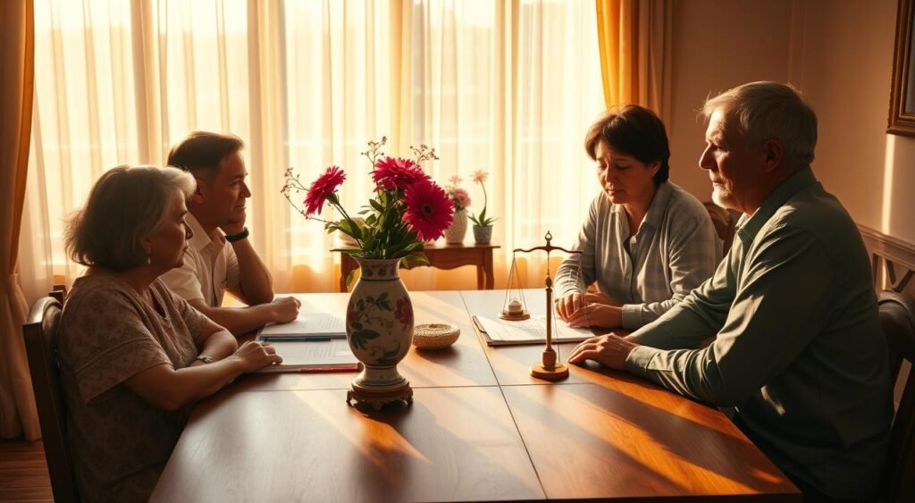 A sun-drenched room filled with family members gathered around a wooden table, engaged in thoughtful discussion. The table is adorned with legal documents, a scale, and a delicate porcelain vase containing vibrant flowers, symbolizing the importance and legacy of the inheritance. Warm, golden light filters through sheer curtains, casting a serene and contemplative atmosphere. The family members, portrayed in a naturalistic style, exhibit a range of emotions from contemplation to collaboration, as they navigate the complexities of dividing the hereditary assets. The scene conveys a sense of unity, respect, and a desire to honor the memory of their loved one.