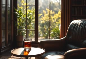 A cozy yet sophisticated interior scene, bathed in soft, warm lighting. In the foreground, a plush leather armchair and a sleek, minimalist side table, upon which rests a glass of amber liquor. In the middle ground, a large window overlooking a lush, verdant garden, the sunlight filtering in and casting gentle shadows. In the background, a bookshelf filled with leather-bound volumes, a subtle nod to the intellectual nature of the space. The overall atmosphere is one of quiet contemplation and refined elegance, evoking the essence of a "união estável" - a stable, harmonious relationship.
