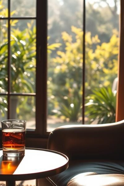 A cozy yet sophisticated interior scene, bathed in soft, warm lighting. In the foreground, a plush leather armchair and a sleek, minimalist side table, upon which rests a glass of amber liquor. In the middle ground, a large window overlooking a lush, verdant garden, the sunlight filtering in and casting gentle shadows. In the background, a bookshelf filled with leather-bound volumes, a subtle nod to the intellectual nature of the space. The overall atmosphere is one of quiet contemplation and refined elegance, evoking the essence of a "união estável" - a stable, harmonious relationship.