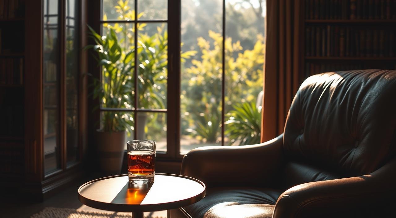 A cozy yet sophisticated interior scene, bathed in soft, warm lighting. In the foreground, a plush leather armchair and a sleek, minimalist side table, upon which rests a glass of amber liquor. In the middle ground, a large window overlooking a lush, verdant garden, the sunlight filtering in and casting gentle shadows. In the background, a bookshelf filled with leather-bound volumes, a subtle nod to the intellectual nature of the space. The overall atmosphere is one of quiet contemplation and refined elegance, evoking the essence of a "união estável" - a stable, harmonious relationship.