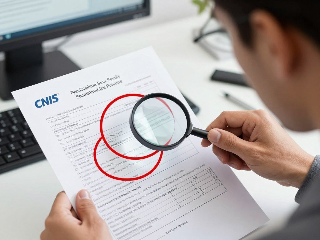 Pessoa analisando um extrato do CNIS com marcações em áreas problemáticas