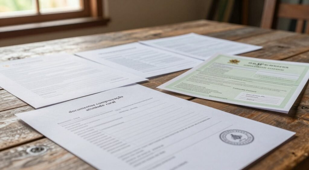 A close-up shot of various "documentos comprovação atividade rural," including official forms and certificates reflecting rural activity, laid out on a rustic wooden table. In the foreground, focus on a detailed document showcasing agricultural data, stamped with a seal. The middle layer should contain additional papers such as a farmer's declaration and land ownership documentation, neatly arranged. The background features a cozy rural setting, with sunlight streaming through a window, casting soft shadows that enhance the warmth of the atmosphere. The scene should evoke a sense of legitimacy and importance, highlighting the significance of these documents. Use natural lighting for a soft, inviting look, captured from a slight angle to create depth, ensuring no text or labels are visible. A close-up shot of various "documentos comprovação atividade rural," including official forms and certificates reflecting rural activity, laid out on a rustic wooden table. In the foreground, focus on a detailed document showcasing agricultural data, stamped with a seal. The middle layer should contain additional papers such as a farmer's declaration and land ownership documentation, neatly arranged. The background features a cozy rural setting, with sunlight streaming through a window, casting soft shadows that enhance the warmth of the atmosphere. The scene should evoke a sense of legitimacy and importance, highlighting the significance of these documents. Use natural lighting for a soft, inviting look, captured from a slight angle to create depth, ensuring no text or labels are visible.