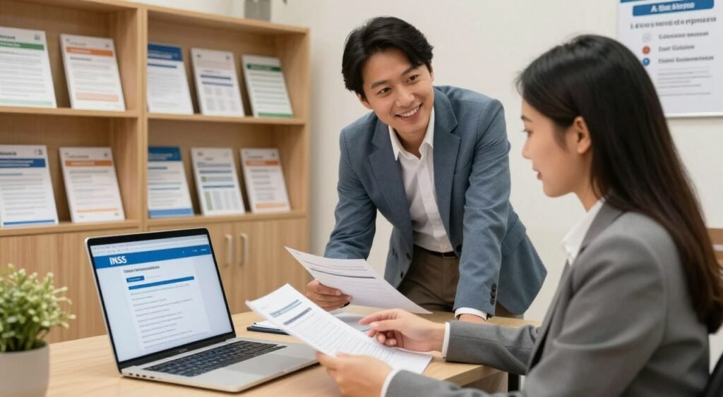 A professional office scene depicting a friendly interaction between a client and an INSS representative. The foreground features a well-dressed representative, seated confidently at a desk, reviewing documents, with a laptop open showcasing an online application portal. In the middle ground, a client in smart casual attire is leaning forward, engaged in discussion, holding a stack of paperwork. The background reveals office shelves filled with informational brochures about social security benefits, along with a poster highlighting different types of retirement programs. Soft, warm lighting creates an inviting atmosphere, enhancing the sense of professionalism and support. The camera angle is slightly above eye level, providing a clear view of both subjects and their interaction, emphasizing the importance of the INSS application process. A professional office scene depicting a friendly interaction between a client and an INSS representative. The foreground features a well-dressed representative, seated confidently at a desk, reviewing documents, with a laptop open showcasing an online application portal. In the middle ground, a client in smart casual attire is leaning forward, engaged in discussion, holding a stack of paperwork. The background reveals office shelves filled with informational brochures about social security benefits, along with a poster highlighting different types of retirement programs. Soft, warm lighting creates an inviting atmosphere, enhancing the sense of professionalism and support. The camera angle is slightly above eye level, providing a clear view of both subjects and their interaction, emphasizing the importance of the INSS application process.