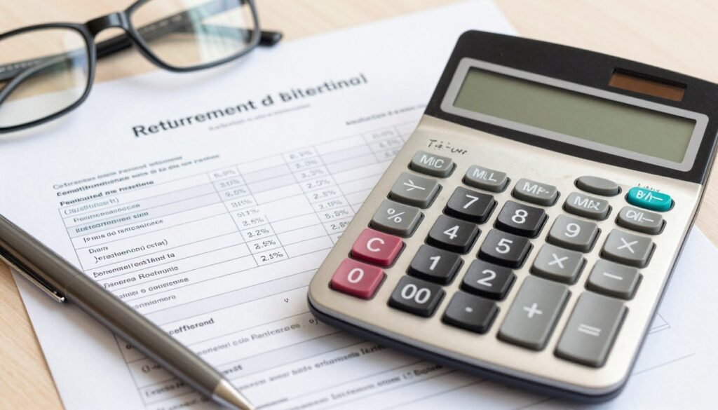 Calculadora e documentos representando o cálculo do benefício da aposentadoria do professor