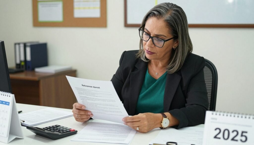 Professora analisando documentos de aposentadoria, representando as regras de transição da aposentadoria do professor