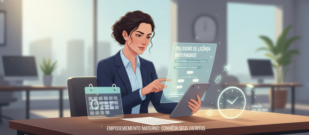 A conceptual illustration representing the idea of "fato gerador" in the context of maternity leave benefits. In the foreground, a professional woman in business attire is thoughtfully examining a document that outlines maternity leave policies, highlighting the importance of comprehension in this area. In the middle ground, a subtle blend of symbolic elements like a calendar marked with key dates and a clock emphasizing the duration of benefits, all bathed in soft, natural lighting to convey a sense of clarity and hope. The background features an abstract office environment, softly blurred to keep the focus on the woman and documents, while maintaining an inviting, professional atmosphere. The overall mood is one of contemplation and empowerment, encouraging understanding of maternal rights.