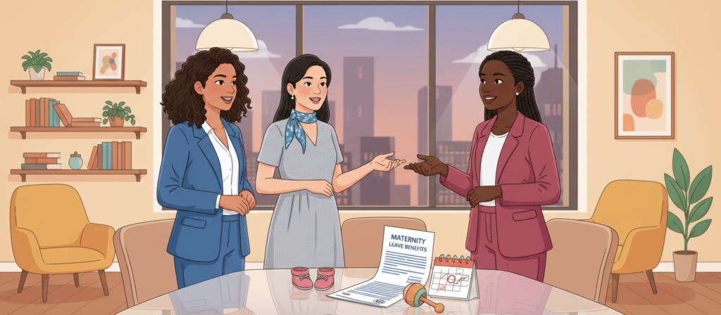 A professional and engaging illustration showcasing the different types of insured individuals entitled to maternity benefits. In the foreground, depict three diverse women in professional business attire, smiling and discussing their rights related to maternity leave. One should be a Latina woman, one an Asian woman, and one a Black woman, all exuding empowerment and confidence. In the middle ground, subtly include various symbols of motherhood, such as baby items or documents representing maternity leave paperwork. The background should feature a warm, inviting office environment with soft lighting, suggesting a supportive work culture. Use a slightly blurred depth of field to draw attention to the foreground while keeping the overall atmosphere uplifting and informative.
