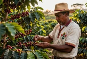 trabalhador rural colhendo café em fazenda brasileira