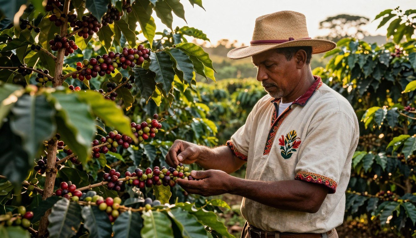 trabalhador rural colhendo café em fazenda brasileira
